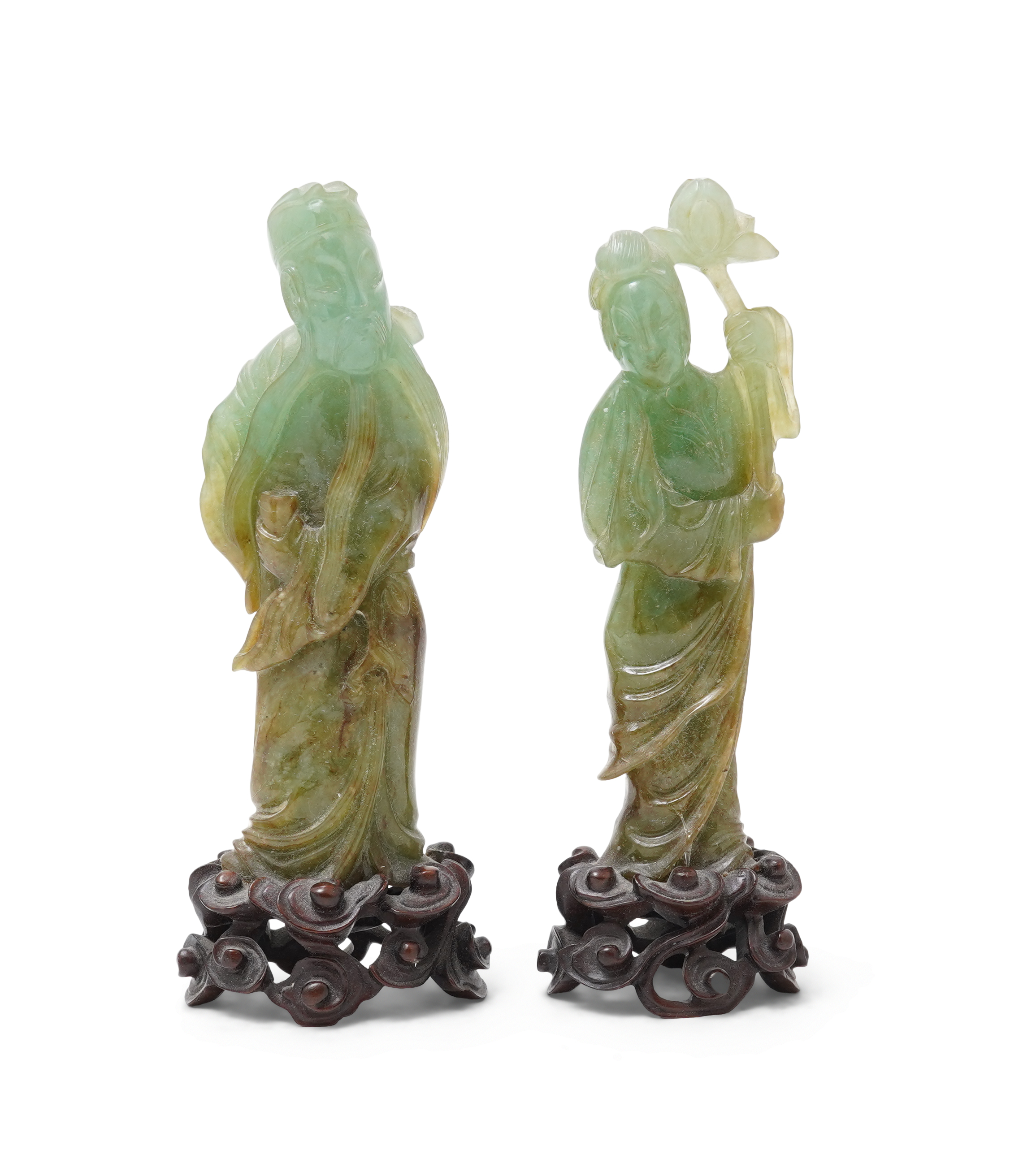 Possibly retailed by Cartier, a pair of Chinese jadeite figures, early 20th century